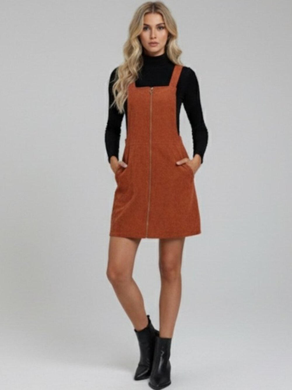Zip Up Corduroy Overall Dress Rust